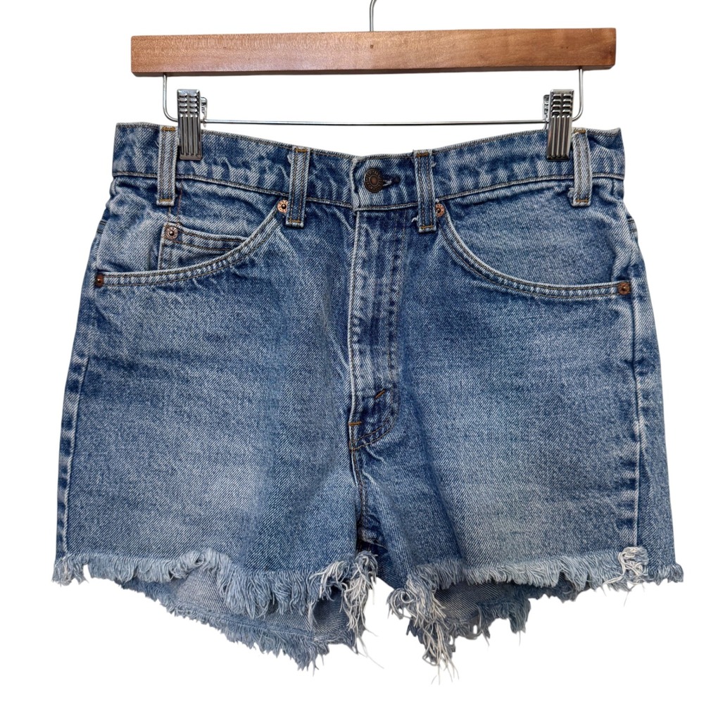 Vintage Levi's 517 Orange Tab Cut Off Denim Shorts 32 Light Blue Frayed Hem 80s